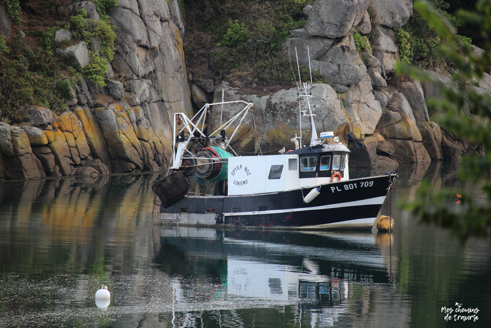 bateau de pêche et son reflet dans l'estuaire du léguer, bretagne